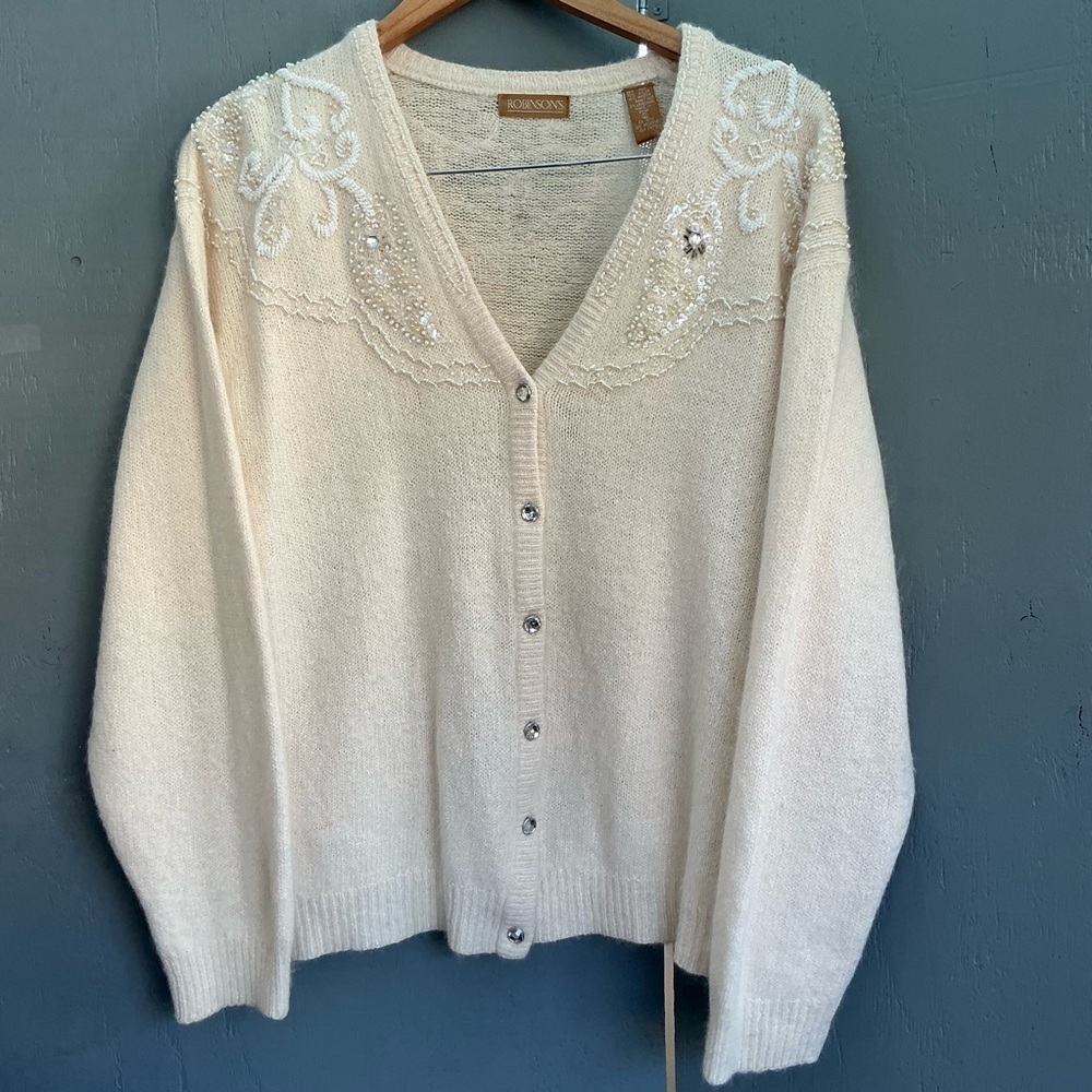 Vintage Robinson Silk Rabbit Hair Lambswool Angora Embellish Cardigan Size 2X